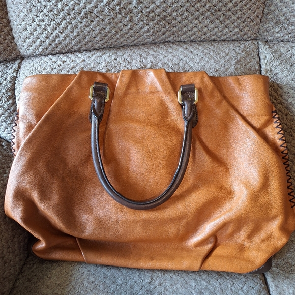 MCM Crossbody Tote Shoulder Bag Cognac Brown Leather Tote Handle - Picture 2 of 9